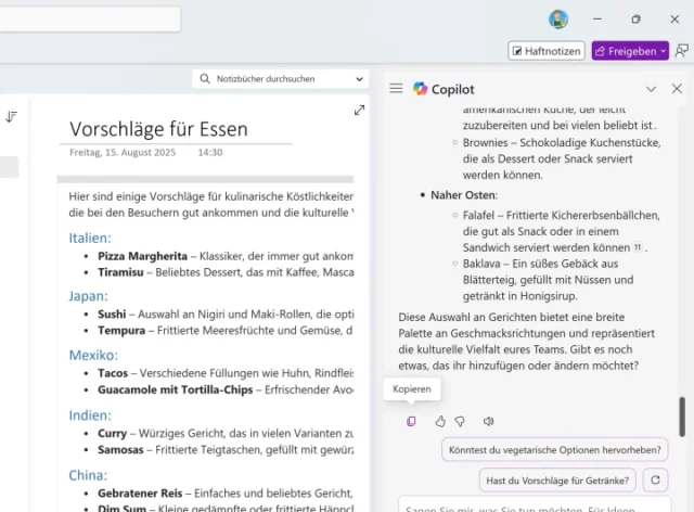 Antwort von Copilot in Notizbuch kopieren