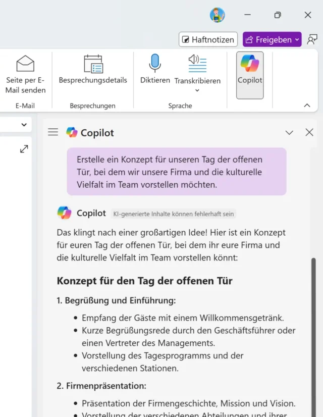 Copilot in der Seitenleiste von OneNote