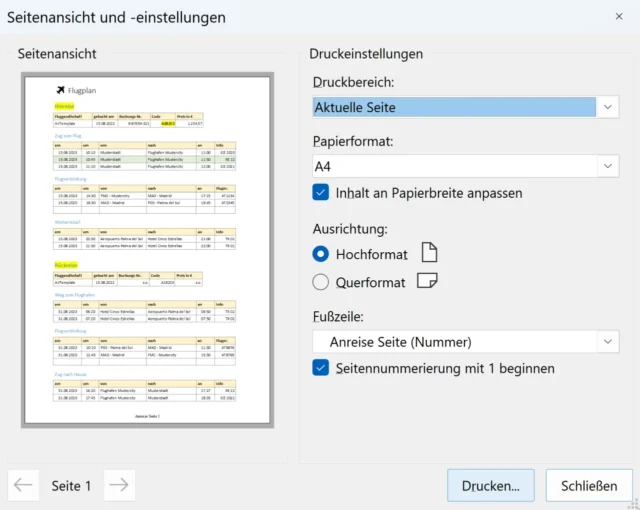 Seitenansicht mit Druckeinstellungen