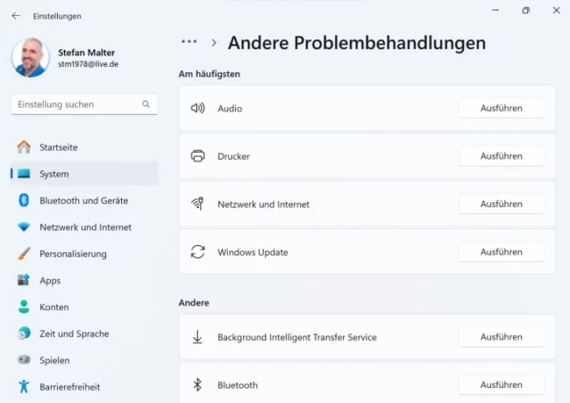 Problembehandlungen in den Windows-Einstellungen