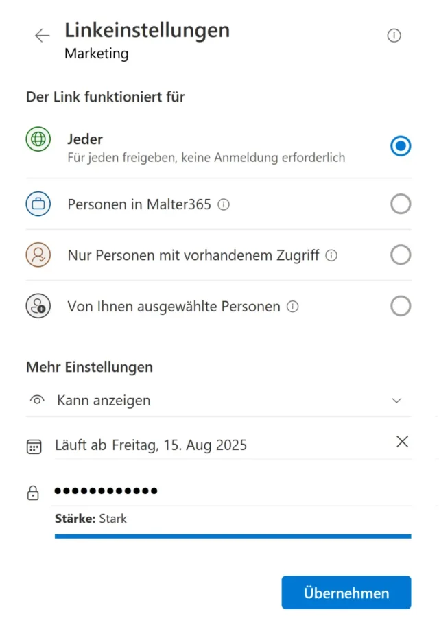 Linkeinstellungen in OneNote