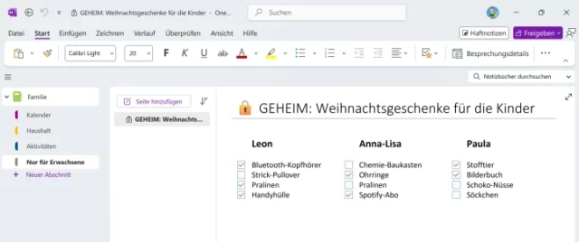 Geschenkeliste in OneNote