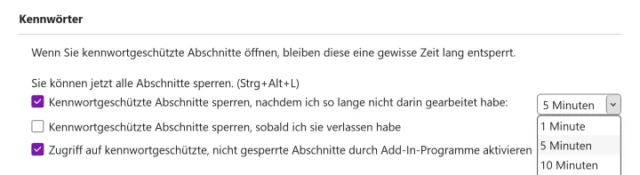 Optionen für Kennwörter in OneNote