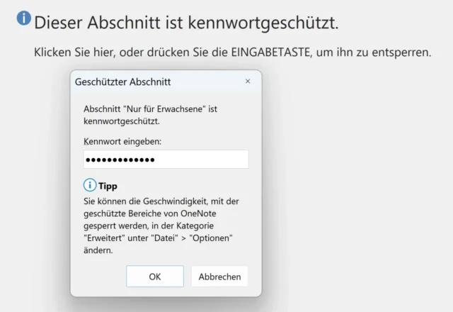 Kennwort eingeben in OneNote