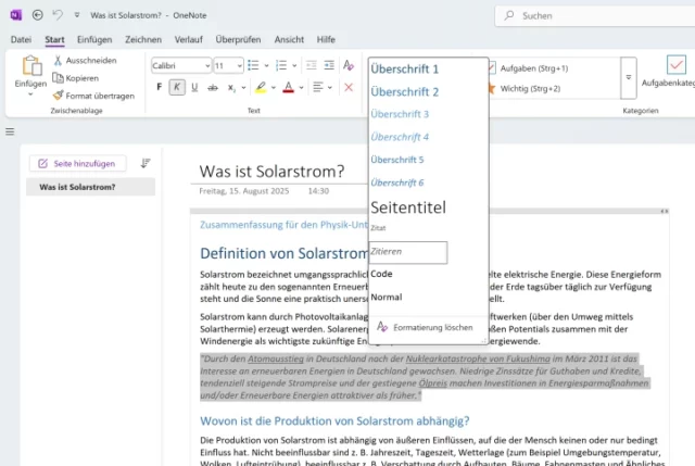 Text in OneNote – strukturiert mit Formatvorlagen