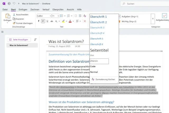 Text in OneNote – strukturiert mit Formatvorlagen