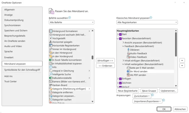Menüband anpassen in den Optionen von OneNote
