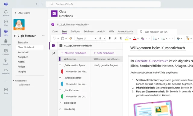 Kursnotizbuch in OneNote - eingebettet in Microsoft Teams