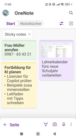 Haftnotizen in OneNote für Android