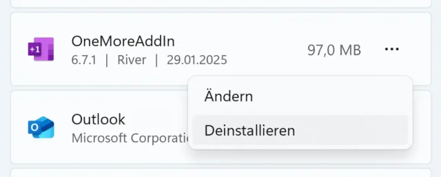 Add-In in den Einstellungen von Windows deinstallieren