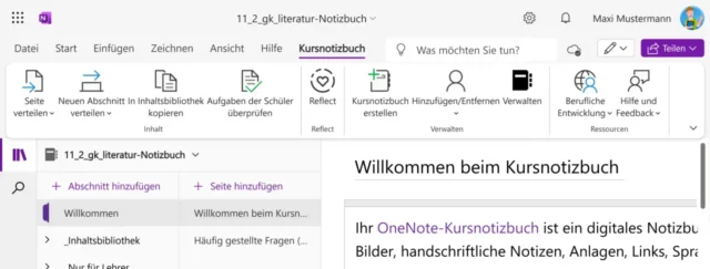 Registerkarte für Kursnotizbuch in OneNote Online