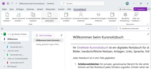 Kursnotizbuch im Menüband von OneNote für Windows
