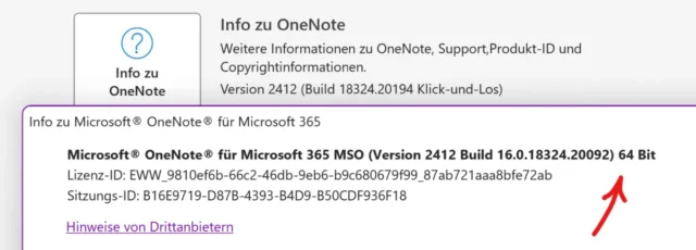 Info zur installierten Version von OneNote