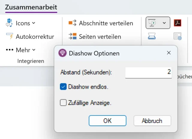 Diashow einrichten mit Gem for OneNote