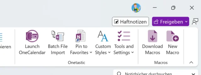 Onetastic im Menüband von OneNote