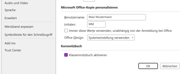Klassennotizbuch aktivieren in den Optionen