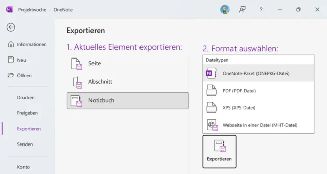 Notizbuch exportieren als OneNote-Paket