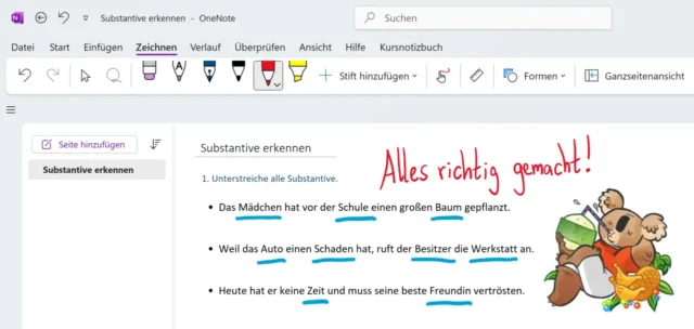 Aufgaben im Kursnotizbuch digital korrigieren