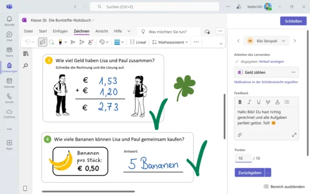 Feedback in Teams zur Aufgabe im Kursnotizbuch