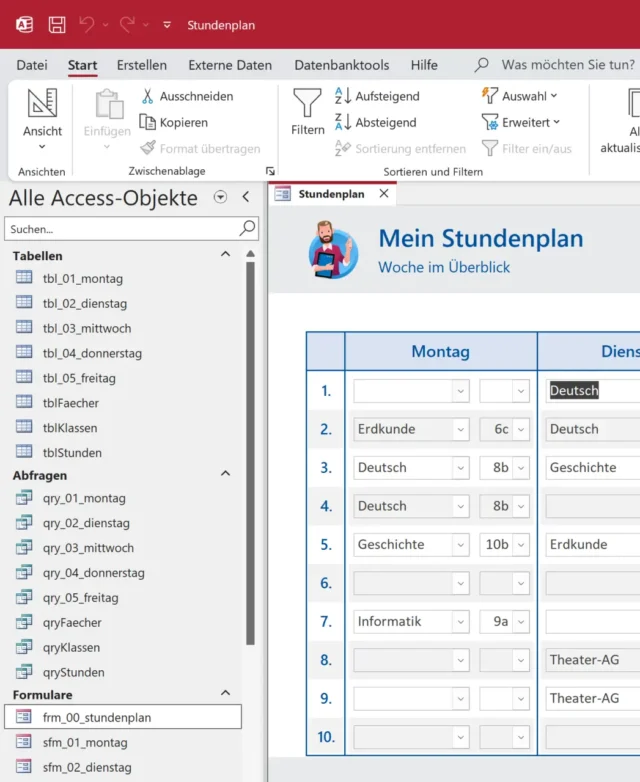 Access-Objekte in der Stundenplan-Vorlage