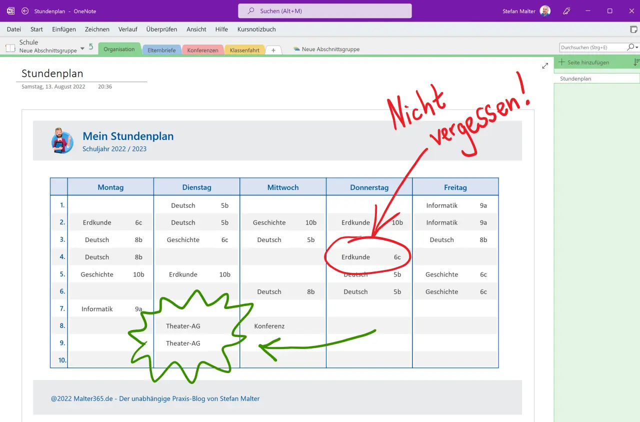Stundenplan in OneNote mit handschriftlichen Notizen