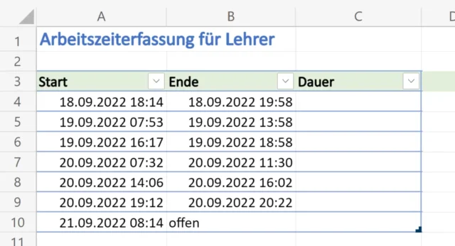 Arbeitszeiterfassung für Lehrer mit Beispieldaten