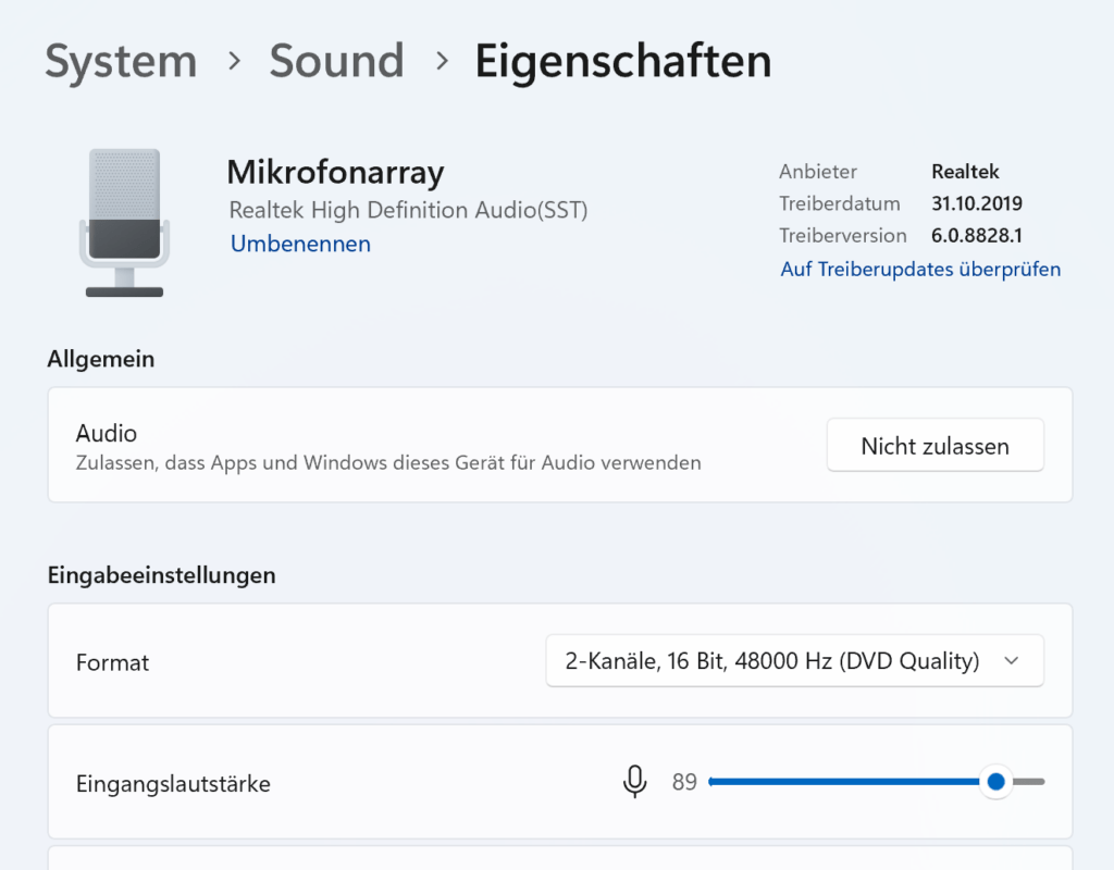 Eigenschaften für Mikrofone in Windows 11