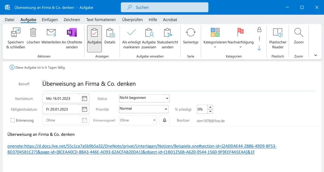 Aufgabe in Outlook mit Notizbuch-Link zu OneNote