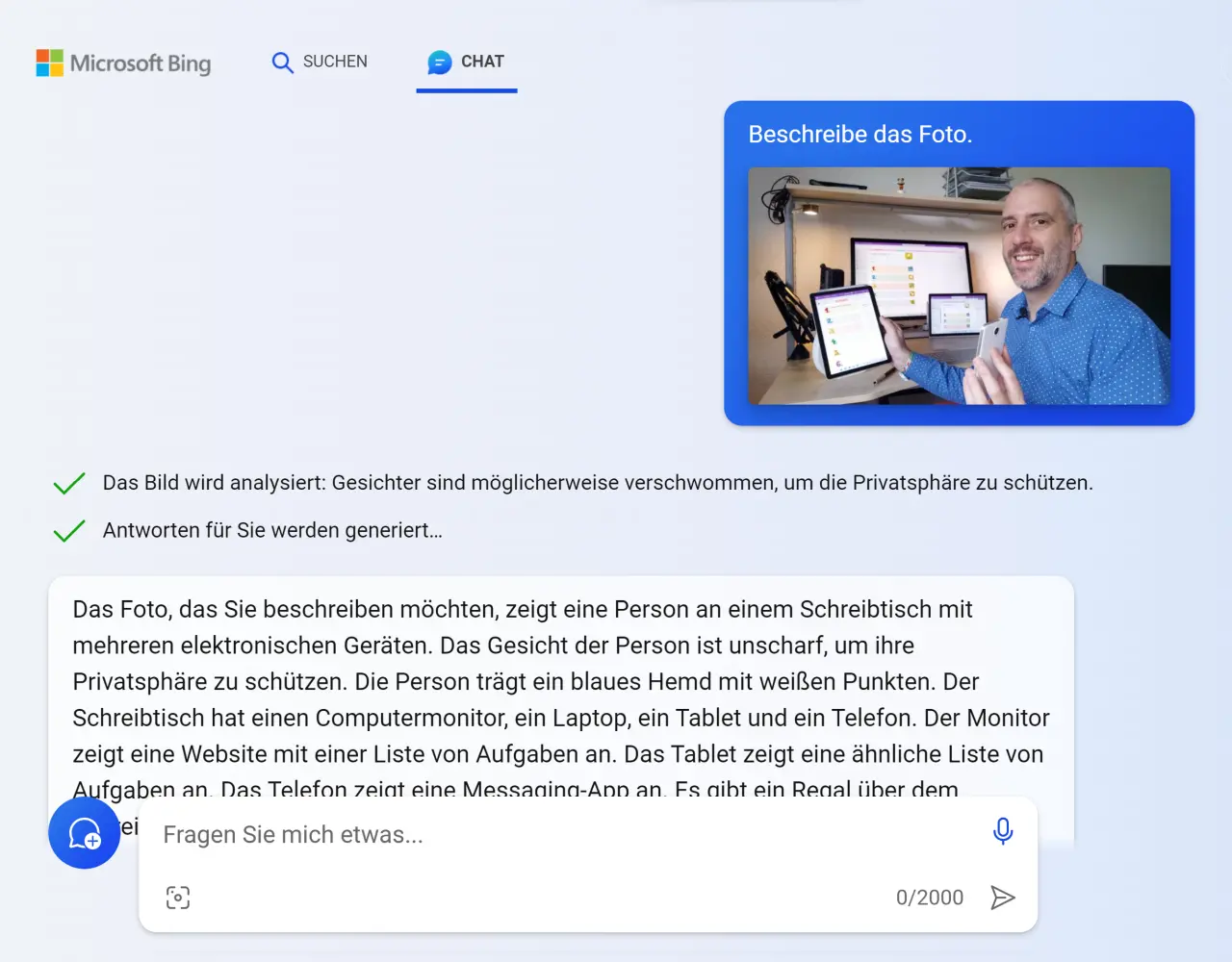 Bilderkennung mit Bing Chat - vor der Umbenennung zu Copilot