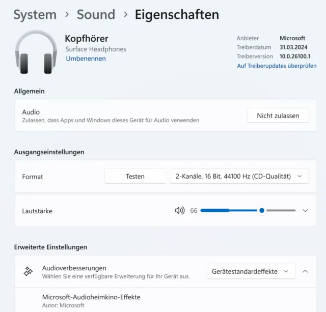 Eigenschaften der Kopfhörer in Windows 11