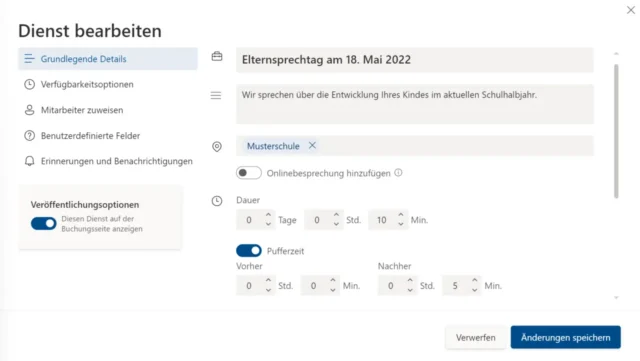 Details zum Elternsprechtag in Bookings eingeben
