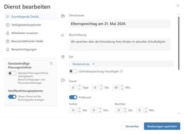 Details zum Elternsprechtag in Bookings eingeben