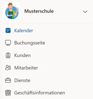 Menü in Microsoft Bookings