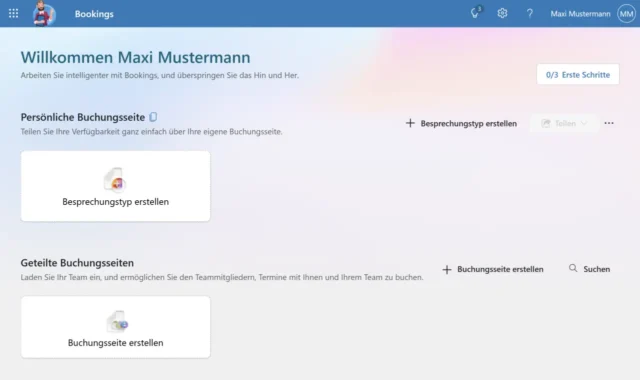 Startseite von Microsoft Bookings