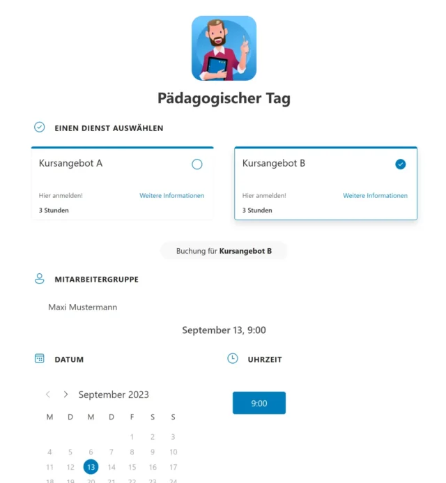 Buchungsseite für Kurse in Microsoft Bookings