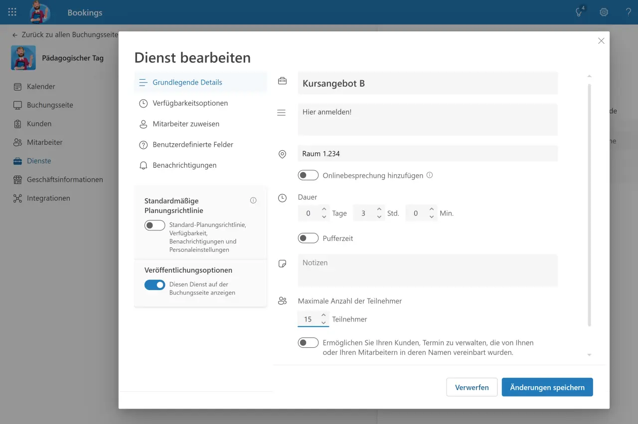 Dienst bearbeiten in Microsoft Bookings