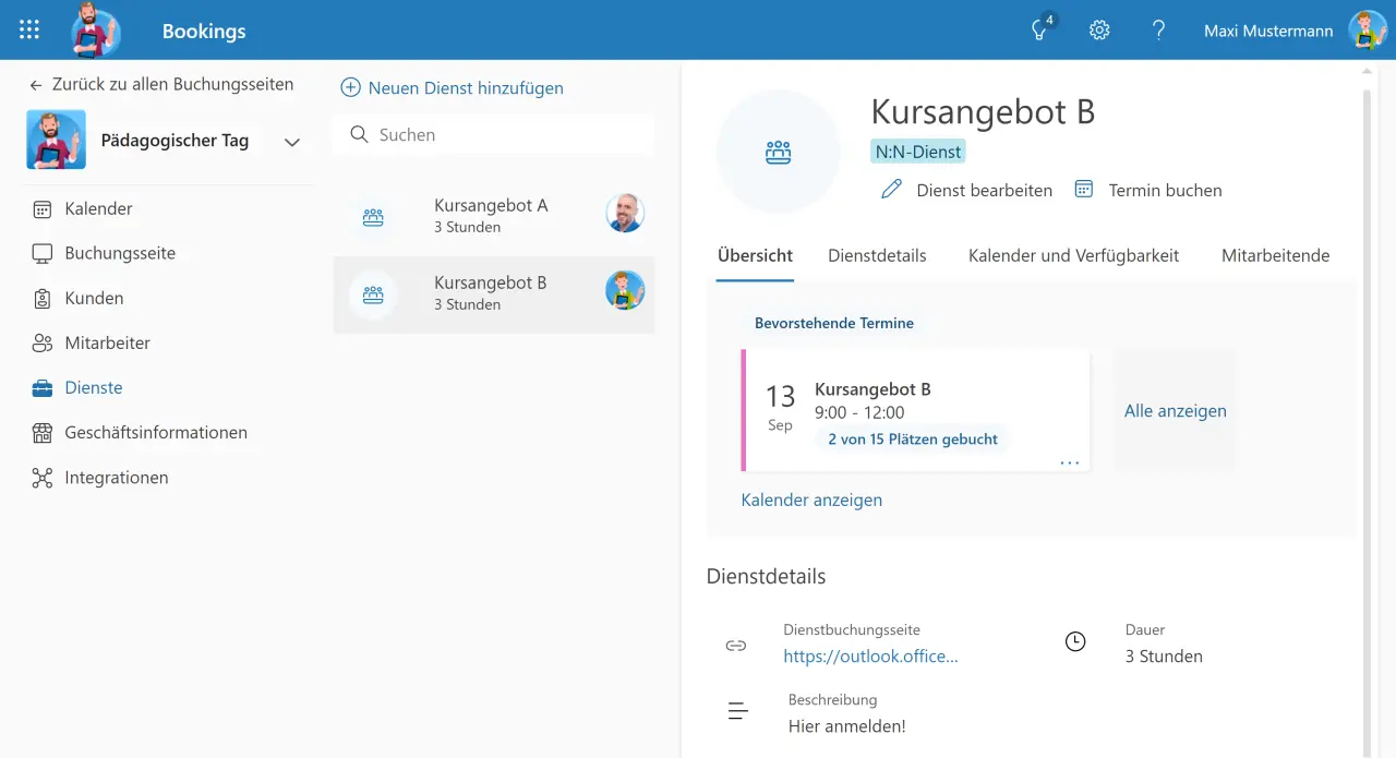 gebuchte Kursplätze in Microsoft Bookings