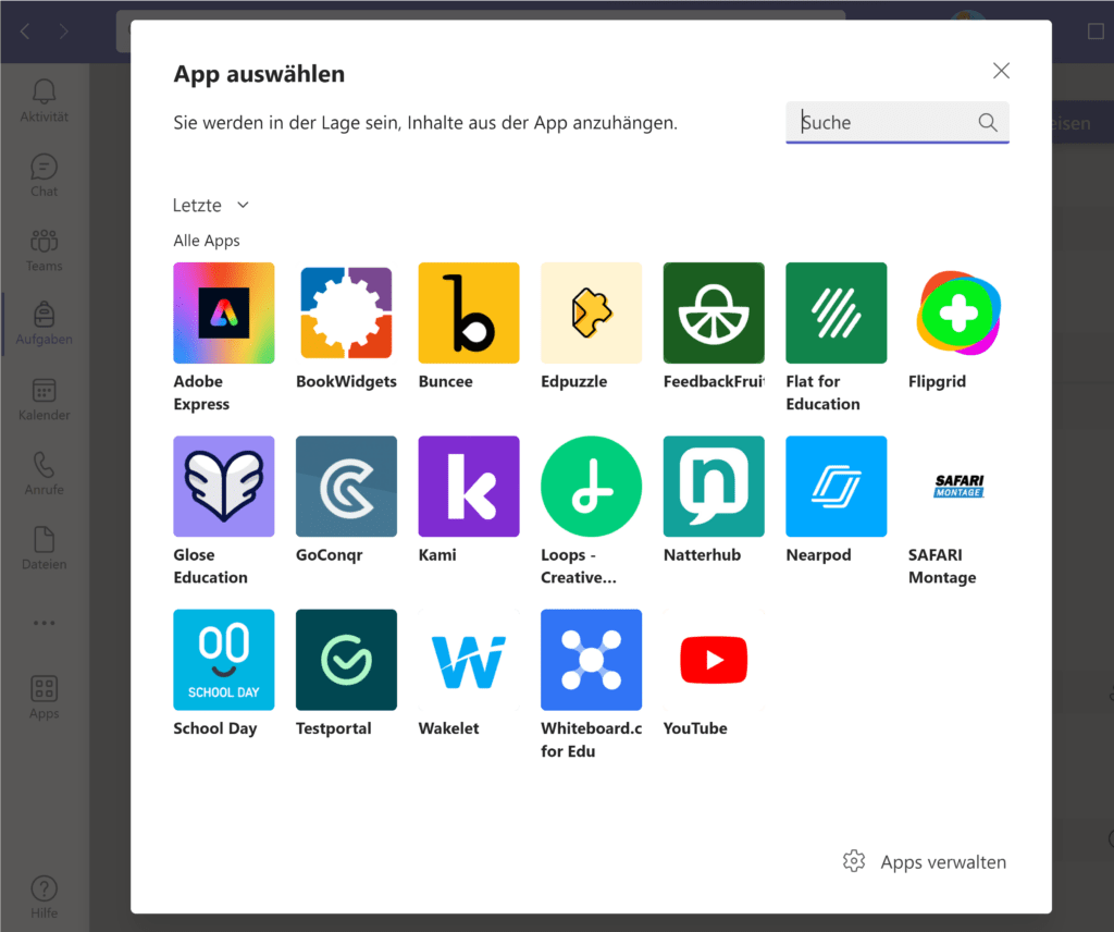 App auswählen in Microsoft Teams