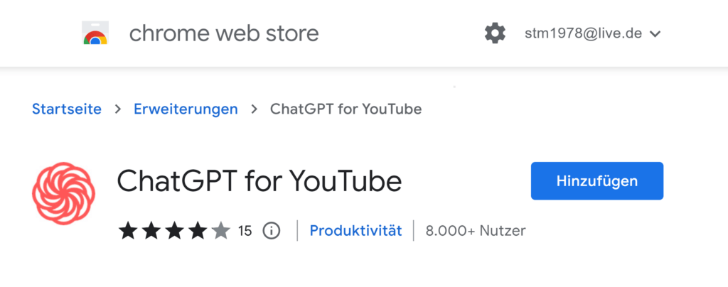 ChatGPT for YouTube im Chrome Web Store