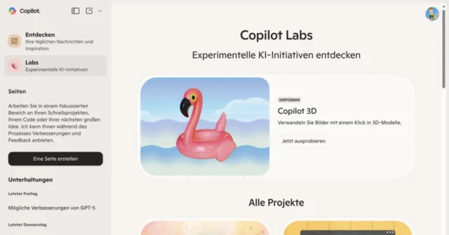 Copilot 3D unter Copilot Labs