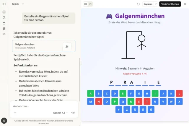 Galgenmännchen-Spiel als Artefakt – erstellt mit Claude AI