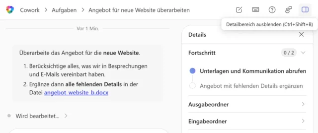 Detailbereich von Copilot Cowork