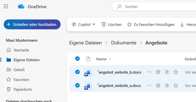 zwei markierte Word-Dokumente in OneDrive Online