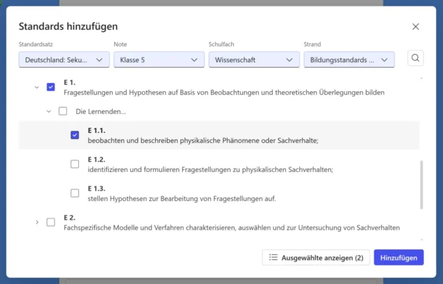 Bildungsstandards auswählen