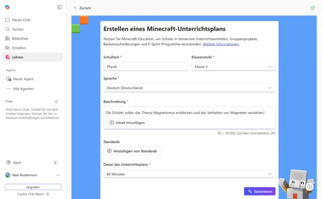 Eingabemaske für Minecraft-Unterrichtsplan