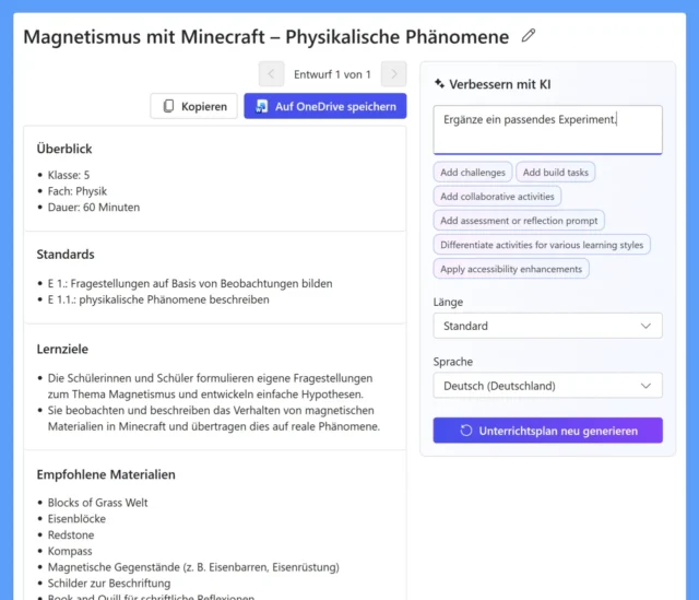 KI-generierter Unterrichtsplan für Minecraft Education