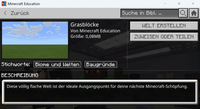 Minecraft Education öffnen und Welt erstellen