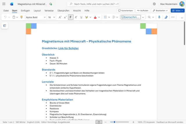 Unterrichtsplan für Minecraft Education als Word-Dokument