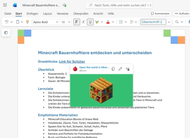 KI-generierter Unterrichtsplan für Minecraft Education