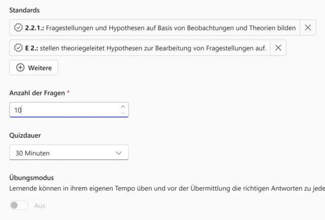 weitere Parameter für Quiz eingeben